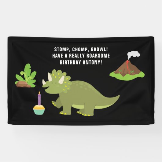 Zwart-wit 1e verjaardagsfeest met dinothema spandoek (Horizontaal)