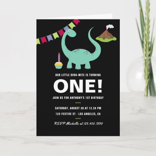 Zwart-wit 1e verjaardagsfeestje met dinosaurus-the (Voorkant)