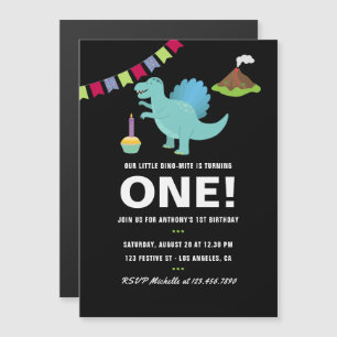 Zwart-wit 1e verjaardagsfeestje met dinosaurus-the magnetische uitnodiging
