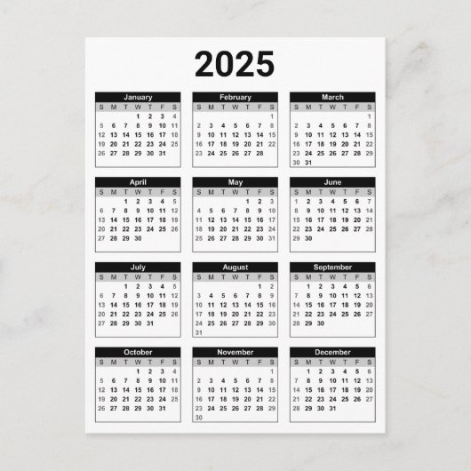 Zwart-wit 2025 jaar in een oogopslag briefkaart (Voorkant)