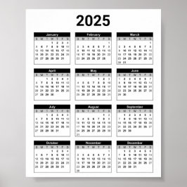 Zwart-wit 2025 jaar in een oogopslag poster