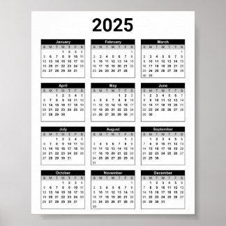 Zwart-wit 2025 jaar in een oogopslag poster