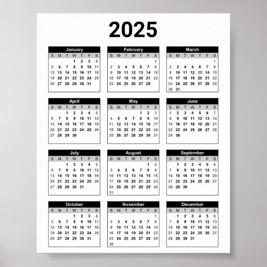Zwart-wit 2025 jaar in een oogopslag poster (Voorkant)