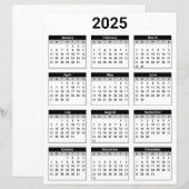 Zwart-wit 2025 Jaarlijkse kalender Papieren Blad (Voorkant / Achterkant)