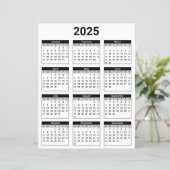 Zwart-wit 2025 Jaarlijkse kalender Papieren Blad (Staand voorkant)