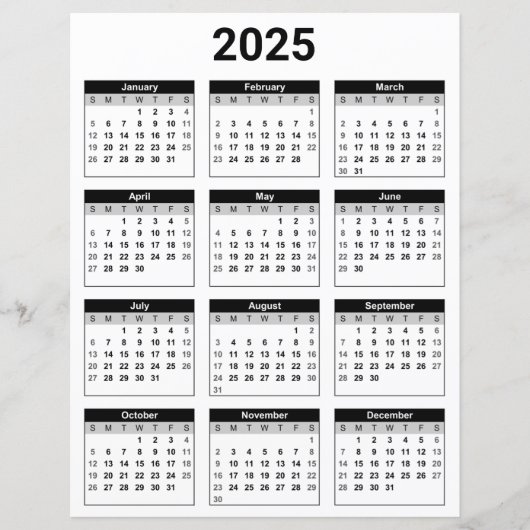 Zwart-wit 2025 Jaarlijkse kalender Papieren Blad (Voorkant)