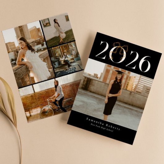 Zwart & Wit 2026 Coquette Strik Foto Afstuderen Aankondiging