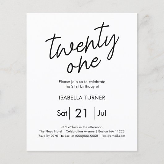 Zwart & Wit | 21e budget verjaardagsuitnodiging (Voorkant)