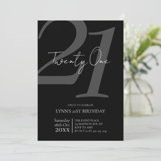 Zwart-wit 21e verjaardag uitnodiging (Staand voorkant)