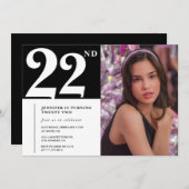 Zwart-wit 22e verjaardag Uitnodigingen Meisje (Voorkant / Achterkant)