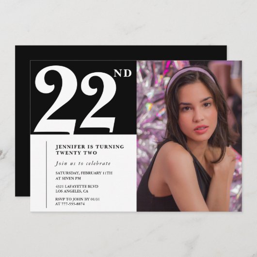 Zwart-wit 22e verjaardag Uitnodigingen Meisje (Voorkant / Achterkant)