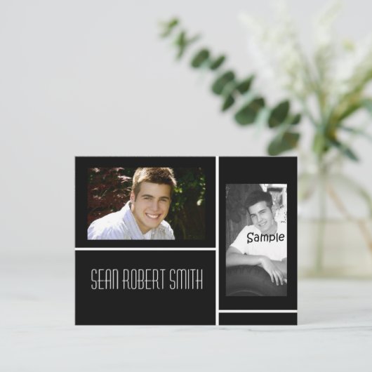 Zwart-wit 2 foto afstudeerder aankondiging (Staand voorkant)