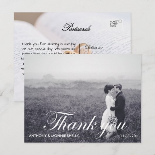 Zwart & Wit 2 foto bruiloft Dank u Briefkaart (Voorkant / Achterkant)