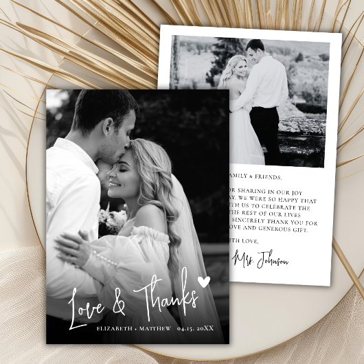 Zwart-wit 2 Foto Liefde Hart Script Bruiloft Bedankkaart