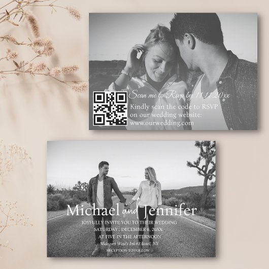 Zwart-wit 2 foto's QR Code RSVP bruiloft Kaart