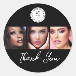 Zwart Wit 3 Foto Make-up Logo Bedankt Klassiek Ronde Sticker