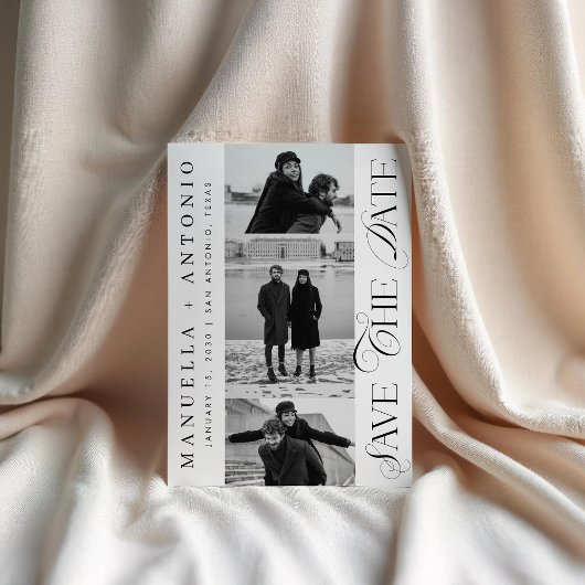 Zwart-wit 3 foto's modern script bruiloft save the date