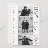 Zwart-wit 3 foto's modern script bruiloft save the date (Voorkant)