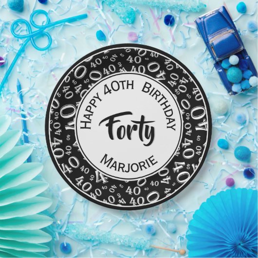 Zwart/wit 40th Birthday Party Number Pattern Papieren Bordje (Feest)