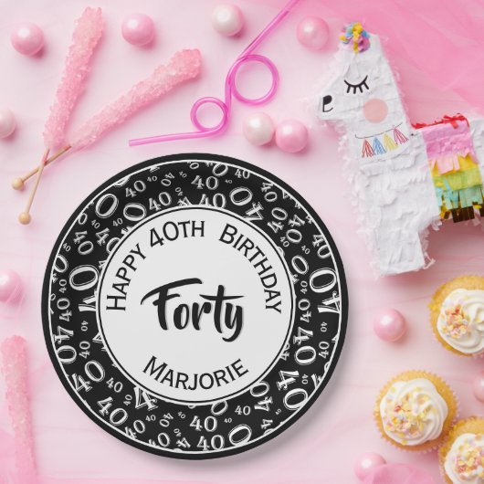 Zwart/wit 40th Birthday Party Number Pattern Papieren Bordje (Feest)
