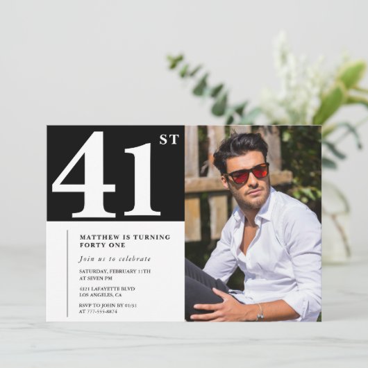 Zwart-wit 41e verjaardag Uitnodigingen Foto (Staand voorkant)