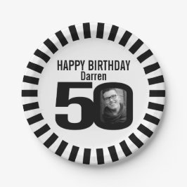 Zwart-wit 50e verjaardag foto en strepen papieren bordje