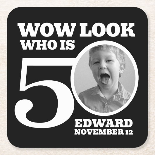 Zwart-wit 50ste verjaardag foto kijken wie is kartonnen onderzetters (Voorkant)