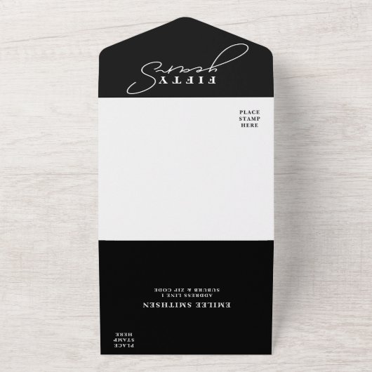 Zwart Wit 50ste Verjaardag of Jubileum All In One Uitnodiging (Buitenkant)