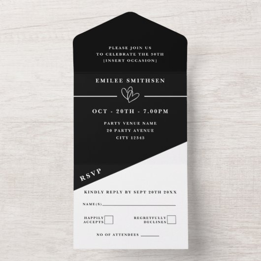 Zwart Wit 50ste Verjaardag of Jubileum All In One Uitnodiging (Binnen)