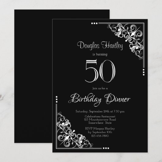 Zwart-wit 50th Birthday Dinner Kaart (Voorkant / Achterkant)