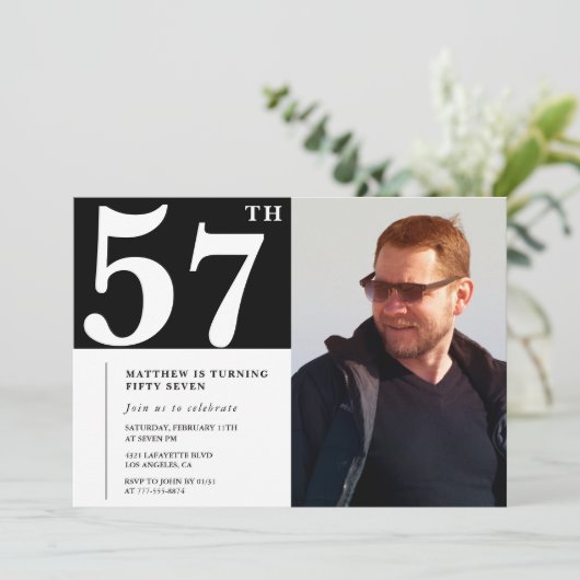 Zwart-wit 57ste verjaardag Uitnodigingen Foto (Staand voorkant)