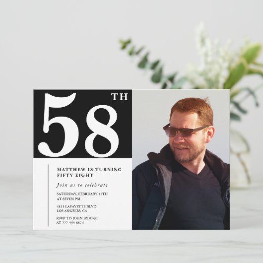 Zwart-wit 58e verjaardag Uitnodigingen Foto (Staand voorkant)