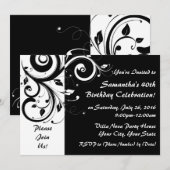 Zwart+Wit 5x7 Omgekeerde Swirl 40 Feestuitnodiging Kaart (Voorkant / Achterkant)