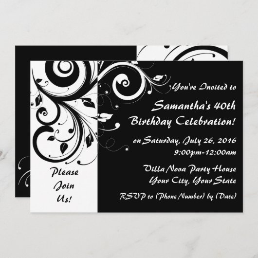 Zwart+Wit 5x7 Omgekeerde Swirl 40 Feestuitnodiging Kaart (Voorkant / Achterkant)