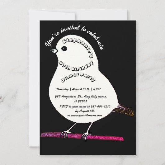 Zwart-wit 60ste verjaardag Schattigee vogel Dinner Kaart (Voorkant)