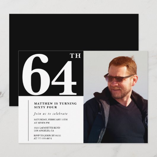 Zwart-wit 64e verjaardag Uitnodigingen Foto (Voorkant / Achterkant)