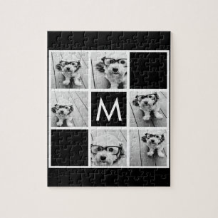 Zwart-wit 6 Foto Collage Aangepast monogram Legpuzzel