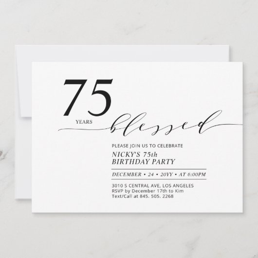 Zwart & Wit 75 jaar Gezegend Verjaardagsfeest Kaart (Voorkant)