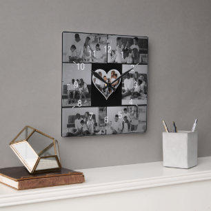 Zwart-wit 7 foto collage vierkante klok