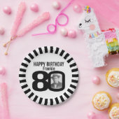 Zwart-wit 80e verjaardag foto en strepen papieren bordje (Feest)