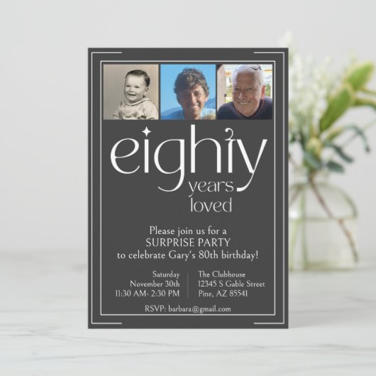 Zwart-wit 80ste verjaardag Party uitnodiging (Staand voorkant)