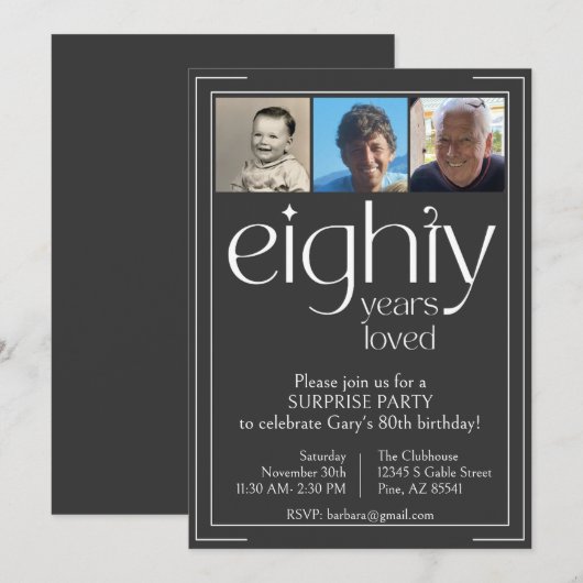 Zwart-wit 80ste verjaardag Party uitnodiging (Voorkant / Achterkant)