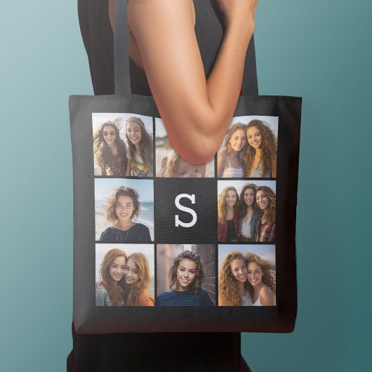 Zwart Wit 8 Foto Collage Aangepast Monogram Tote Bag