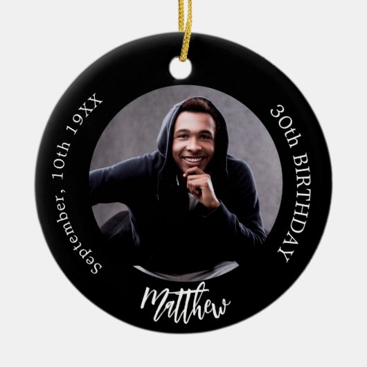 Zwart wit aangepaste foto man man verjaardag keramisch ornament (Voorkant)