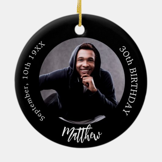Zwart wit aangepaste foto man man verjaardag keramisch ornament (Achterkant)