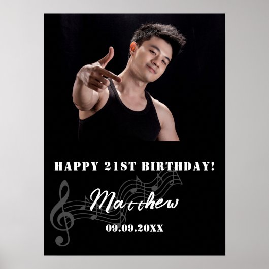Zwart wit aangepaste foto muziek verjaardag welkom poster (Voorkant)