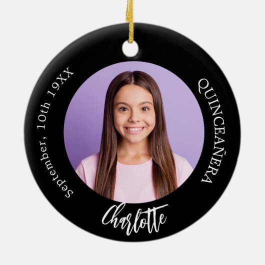 Zwart wit aangepaste foto Quinceanera Keramisch Ornament (Achterkant)