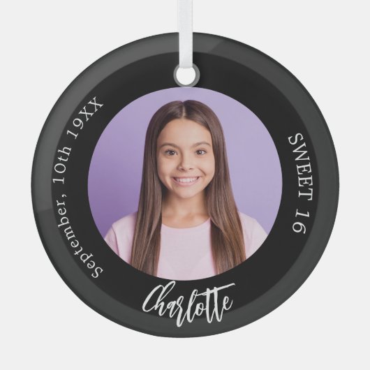 Zwart wit aangepaste foto Sweet 16 Glas Ornament (Voorkant)