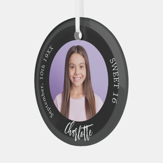 Zwart wit aangepaste foto Sweet 16 Glas Ornament (Voorkant links)
