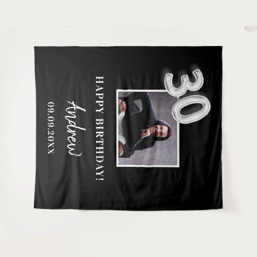 Zwart-wit aangepaste fotonaam man 30e verjaardag wandkleed (Voorkant (horizontaal))